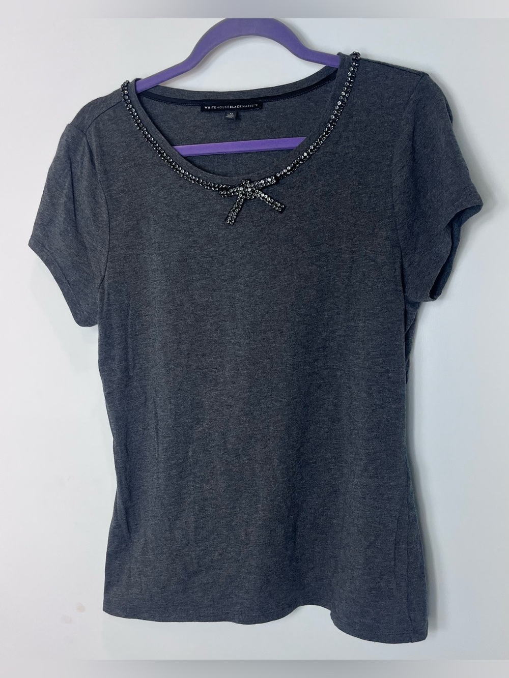 White House Black Market Short Sleeve Top Rhinestone Embellished Bow Neck Medium